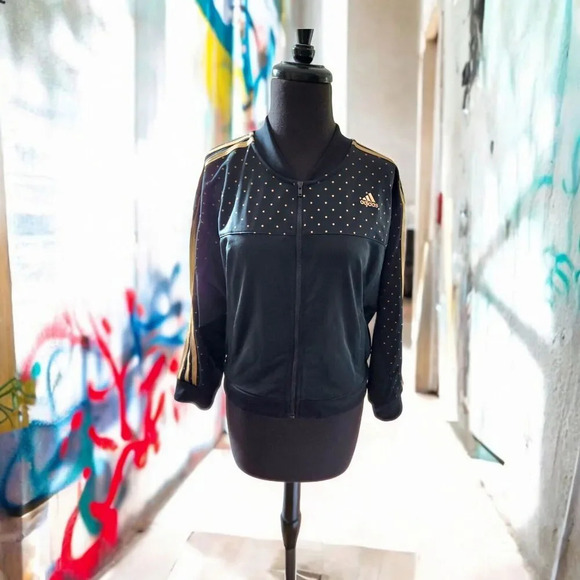 Adidas Black Rose Gold Polka Dot Track Jacket Full Zip Girls 14 Large Streetwear - Picture 1 of 8